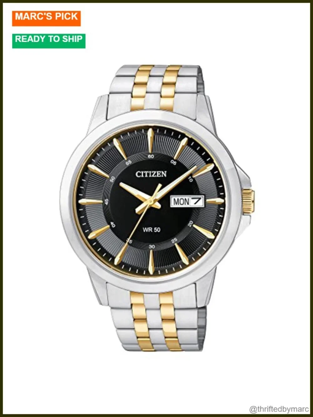 Quartz Wrist Watch, Stainless Steel, Two-Tone, Day-Date, Luminous Hands, 41mm